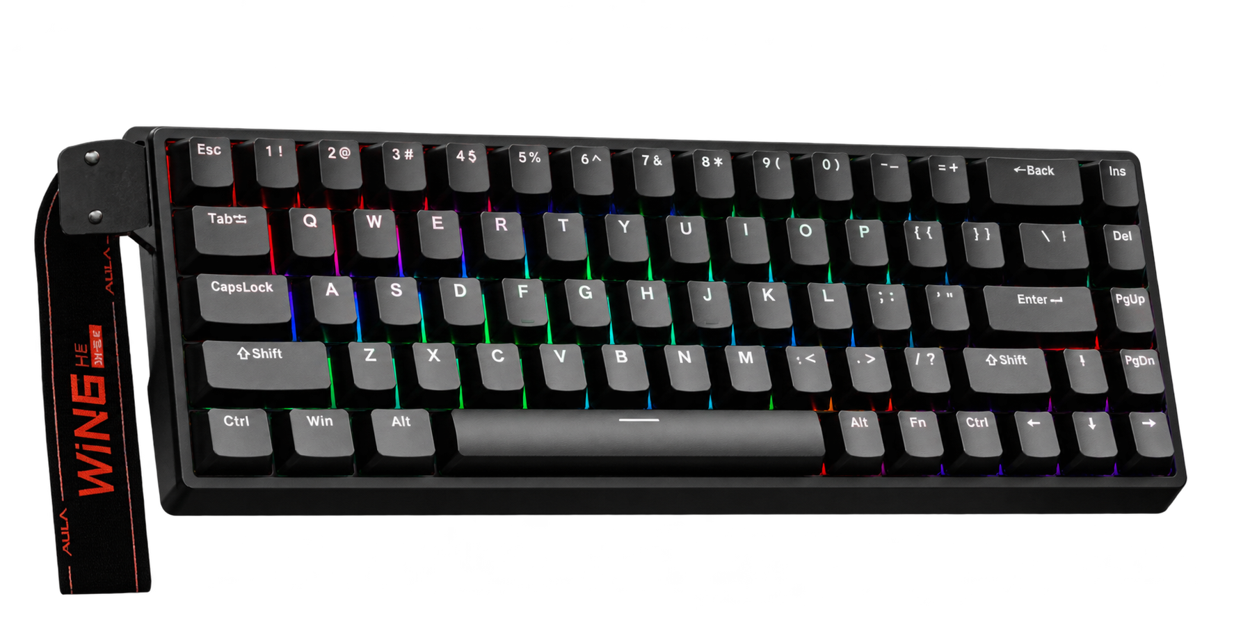 Black gaming keyboard with RGB lighting and a wrist strap