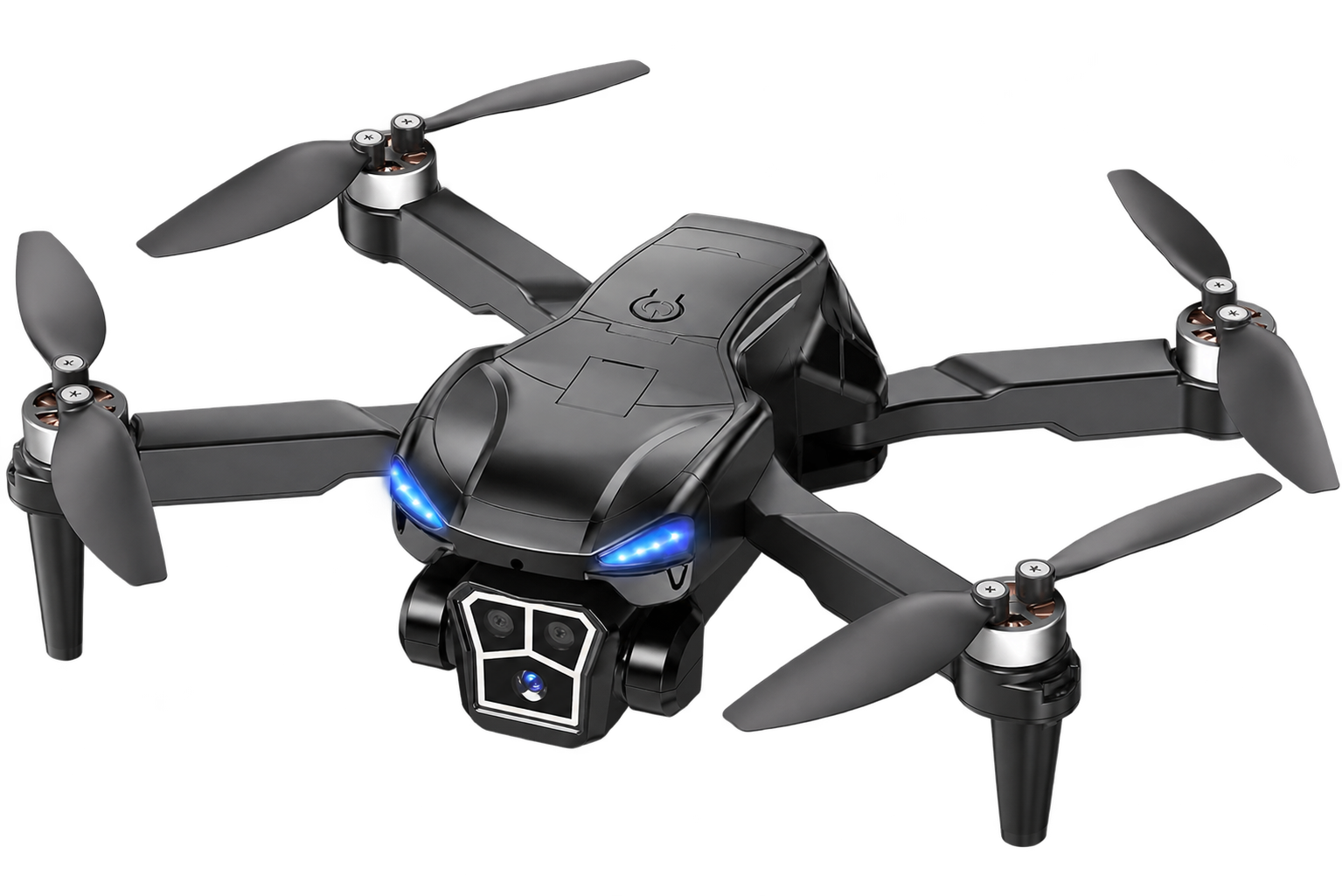 Black camera drone with four unfolded propellers and blue lights