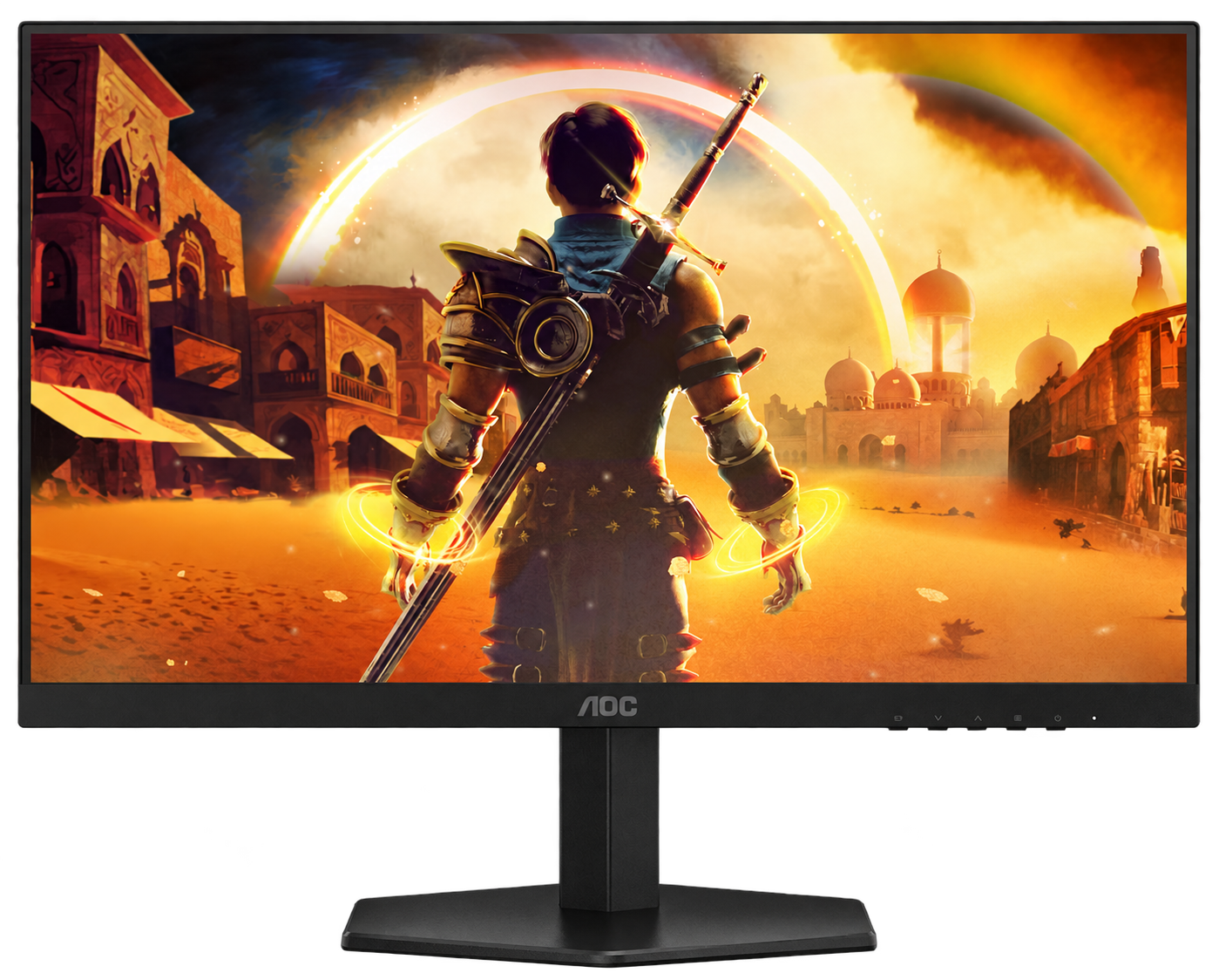 Black AOC gaming monitor with its stand